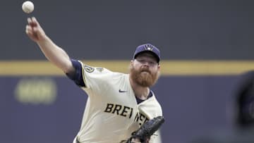 Aug 25, 2025; Milwaukee, Wisconsin, USA; Milwaukee Brewers pitcher Brandon Woodruff (53) delivers a pitch abasing the Arizona Diamondbacks in the first inning at American Family Field. Mandatory Credit: Mark Hoffman/USA Today Network via Imagn Images