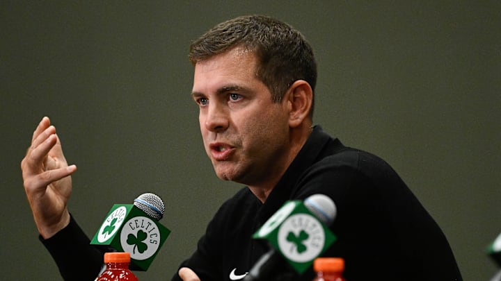 Sep 25, 2025; Boston, MA, USA;  Boston Celtics president of basketball operations Brad Stevens speaks during a press conference at the Auerbach Center. Mandatory Credit: Eric Canha-Imagn Images