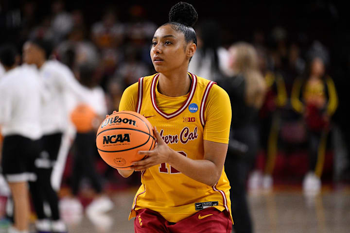 USC Trojans guard JuJu Watkins during pregame warmups before a game against Mississippi State in March Madness. 
