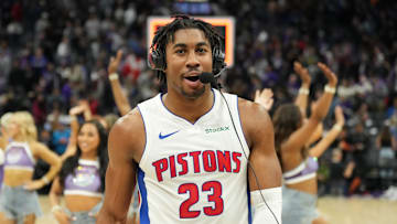 Dec 26, 2024; Sacramento, California, USA; Detroit Pistons guard Jaden Ivey (23) is interviewed after the game after scoring a game-tying three point basket and drawing a foul against the Sacramento Kings, winning the game on a free throw at Golden 1 Center. Mandatory Credit: Kelley L Cox-Imagn Images