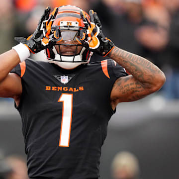 Cincinnati Bengals wide receiver Ja'Marr Chase (1) celebrates a touchdown catch in the second quarter during a Week 14 NFL game against the Cleveland Browns, Sunday, Dec. 11, 2022, at Paycor Stadium in Cincinnati.

Nfl Cleveland Browns At Cincinnati Bengals Dec 11 0227
