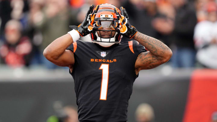 Cincinnati Bengals wide receiver Ja'Marr Chase (1) celebrates a touchdown catch in the second quarter during a Week 14 NFL game against the Cleveland Browns, Sunday, Dec. 11, 2022, at Paycor Stadium in Cincinnati.

Nfl Cleveland Browns At Cincinnati Bengals Dec 11 0227