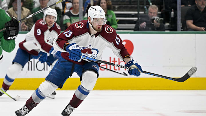 May 9, 2024; Dallas, Texas, USA; Colorado Avalanche right wing Valeri Nichushkin (13) skates against the Dallas Stars during the third period in game two of the second round of the 2024 Stanley Cup Playoffs at American Airlines Center. Mandatory Credit: Jerome Miron-Imagn Images May 9, 2024; Dallas, Texas, USA; Colorado Avalanche right wing Valeri Nichushkin (13) skates against the Dallas Stars during the third period in game two of the second round of the 2024 Stanley Cup Playoffs at American Airlines Center. Mandatory Credit: Jerome Miron-Imagn Images
