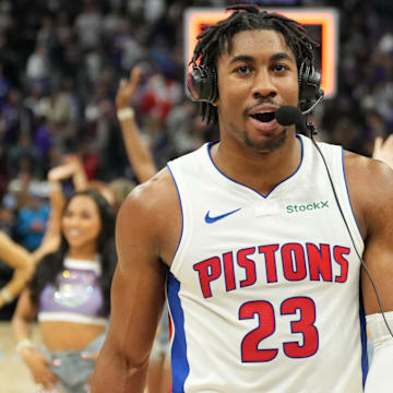 Dec 26, 2024; Sacramento, California, USA; Detroit Pistons guard Jaden Ivey (23) is interviewed after the game after scoring a game-tying three point basket and drawing a foul against the Sacramento Kings, winning the game on a free throw at Golden 1 Center. Mandatory Credit: Kelley L Cox-Imagn Images