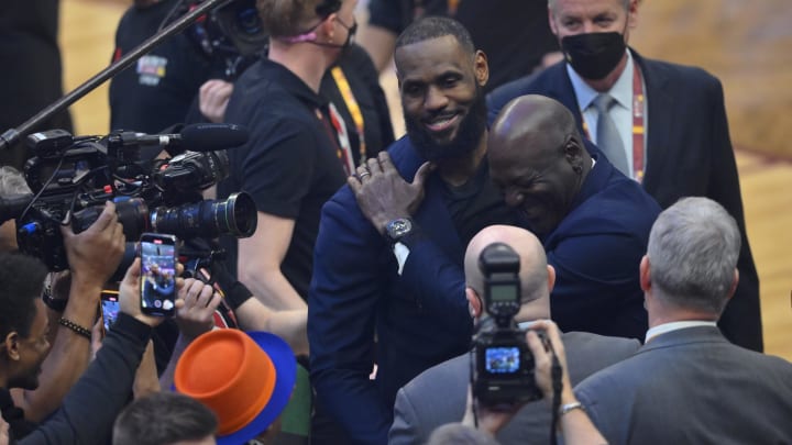 Feb 20, 2022; Cleveland, Ohio, USA; LeBron James and Michael Jordan on court during halftime during the 2022 NBA All-Star Game at Rocket Mortgage FieldHouse. Mandatory Credit: David Richard-USA TODAY Sports