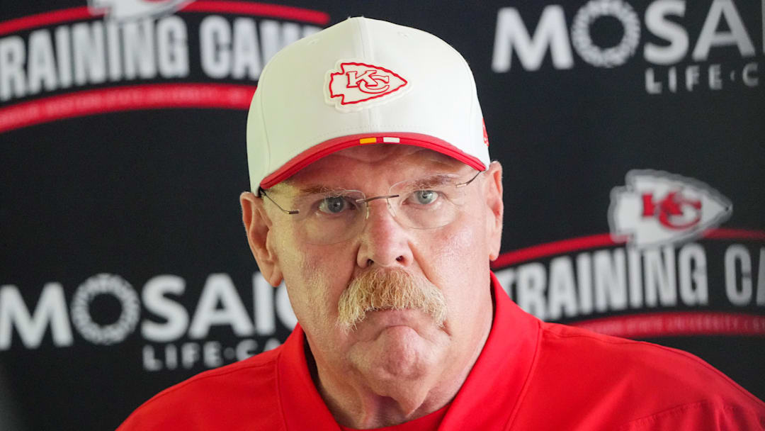Jul 22, 2025; St. Joseph, MO, USA; Kansas City Chiefs head coach Andy Reid speaks to media after training camp at Missouri Western State University. Mandatory Credit: Denny Medley-Imagn Images
