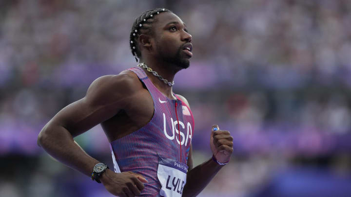 Aug 4, 2024; Paris, FRANCE; Noah Lyles (USA) in the men's 100m semifinals during the Paris 2024 Olympic Summer Games at Stade de France. Mandatory Credit: James Lang-USA TODAY Sports