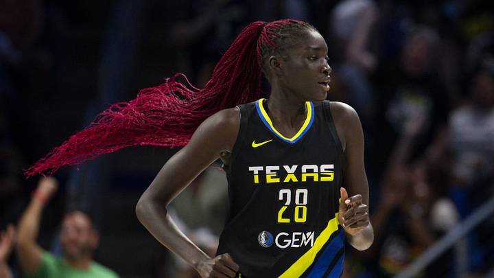 Sep 29, 2023; Arlington, Texas, USA; Dallas Wings center Awak Kuier (28) runs back up the court during the second half against the Las Vegas Aces during game three of the 2023 WNBA Playoffs at College Park Center. Mandatory Credit: Jerome Miron-Imagn Images