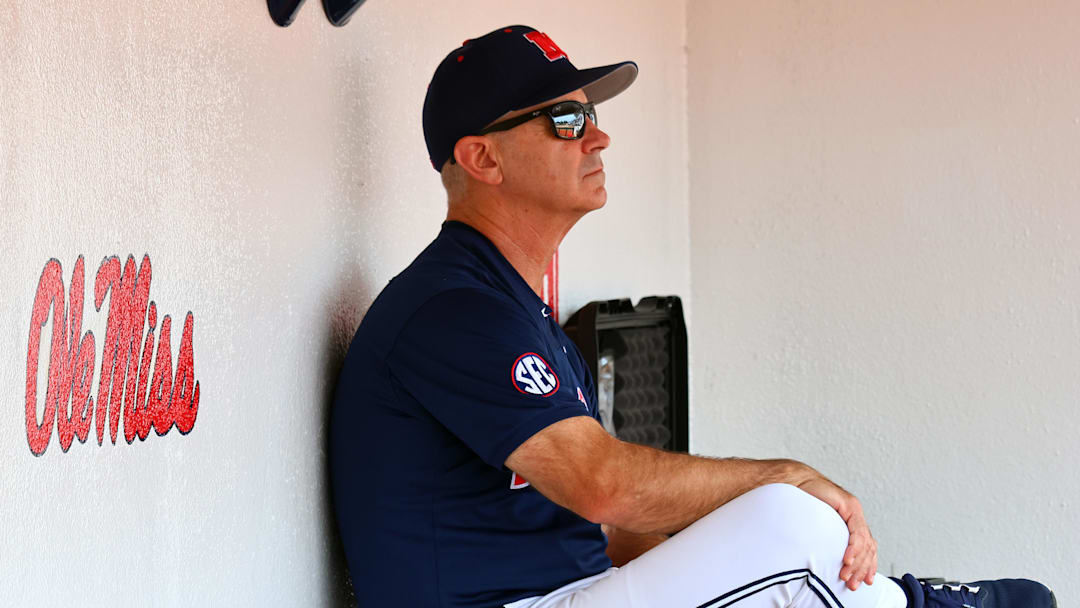May 31, 2025; Oxford, MS, USA; Mississippi Rebels head coach Mike Bianco looks on during warm ups prior to the game against the Western Kentucky Hilltoppers. Mandatory Credit: Petre Thomas-Imagn Images
