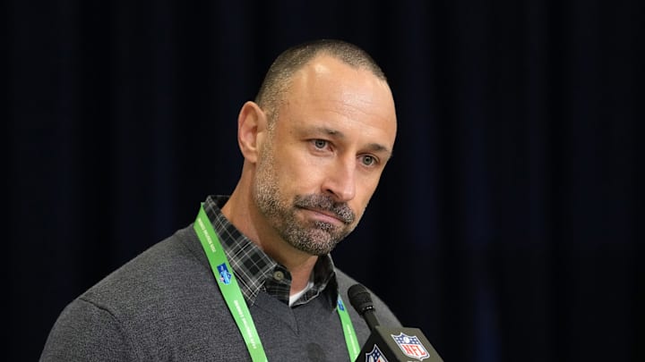 Feb 24, 2026; Indianapolis, IN, USA; Miami Dolphins general manager Jon-Eric Sullivan speaks at the NFL Scouting Combine at the Indiana Convention Center. Mandatory Credit: Kirby Lee-Imagn Images