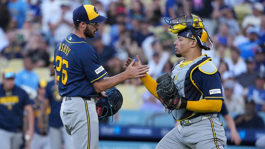 Milwaukee Brewers pitcher Aaron Ashby (26) and catcher William Contreras
