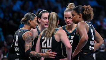 Jul 16, 2025; Brooklyn, New York, USA; New York Liberty players huddle during the second half against the Indiana Fever at Barclays Center. Mandatory Credit: John Jones-Imagn Images