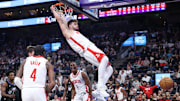 Mar 27, 2025; Salt Lake City, Utah, USA; Houston Rockets center Alperen Sengun (28) dunks against the Utah Jazz during the second half at Delta Center. Mandatory Credit: Rob Gray-Imagn Images