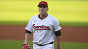 Aug 26, 2025; Cleveland, Ohio, USA; Cleveland Guardians starting pitcher Parker Messick (77) walks off the field at the end of the second inning against the Tampa Bay Rays at Progressive Field. Mandatory Credit: David Richard-Imagn Images