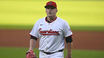 Aug 26, 2025; Cleveland, Ohio, USA; Cleveland Guardians starting pitcher Parker Messick (77) walks off the field at the end of the second inning against the Tampa Bay Rays at Progressive Field. Mandatory Credit: David Richard-Imagn Images