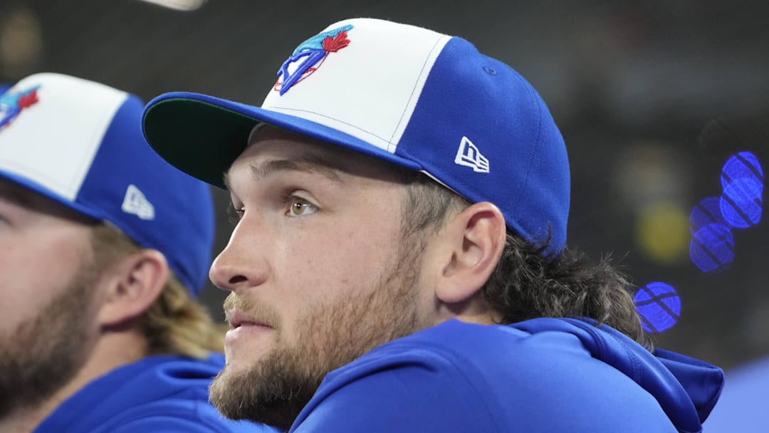 Mar 29, 2026; Toronto, Ontario, CAN; Toronto Blue Jays pitcher Trey Yesavage (39) looks on before a game against the Athletics at Rogers Centre. 