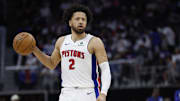 Apr 24, 2025; Detroit, Michigan, USA; Detroit Pistons guard Cade Cunningham (2) dribbles in the second half against the New York Knicks during game three of first round for the 2024 NBA Playoffs at Little Caesars Arena. Mandatory Credit: Rick Osentoski-Imagn Images