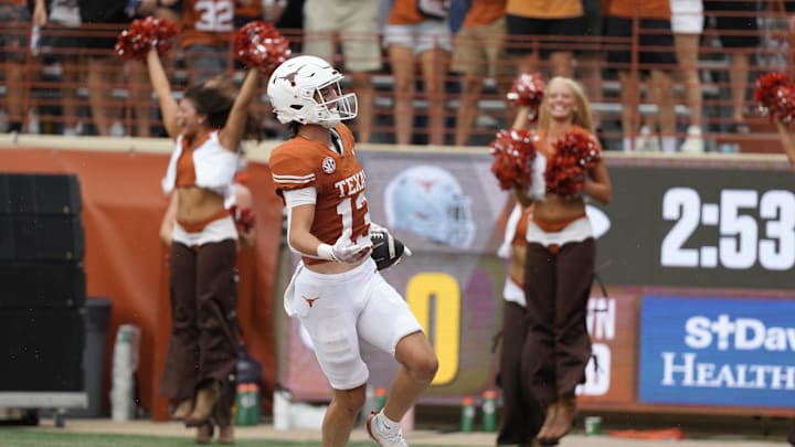 Texas Longhorns wide receiver Parker Livingstone reacts after scoring a touchdown.