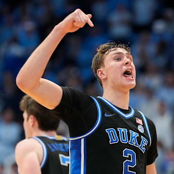 Mar 8, 2025; Chapel Hill, North Carolina, USA; Duke Blue Devils forward Cooper Flagg (2) reacts in the second half at Dean E. Smith Center. Mandatory Credit: Bob Donnan-Imagn Images