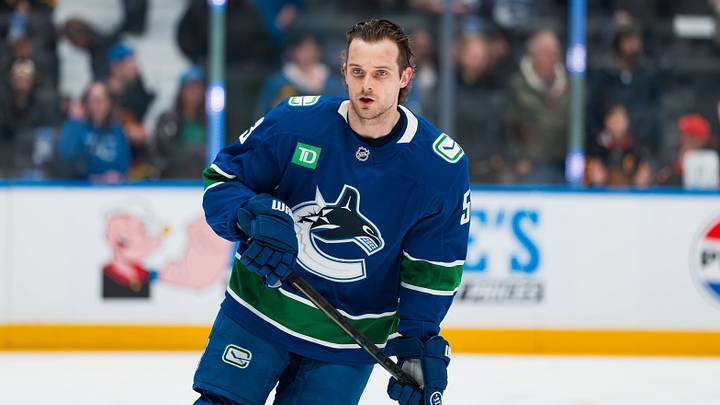 Apr 14, 2026; Vancouver, British Columbia, CAN; Vancouver Canucks forward Teddy Blueger (53) skates in warm up prior to a game against the Los Angeles Kings at Rogers Arena. Mandatory Credit: Bob Frid-Imagn Images