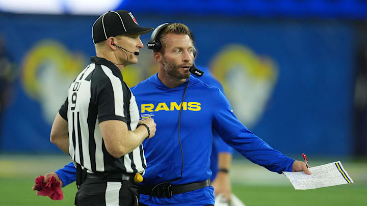 Oct 2, 2025; Inglewood, California, USA; Los Angeles Rams head coach Sean McVay reacts during the second half at SoFi Stadium. Mandatory Credit: Kirby Lee-Imagn Images Oct 2, 2025; Inglewood, California, USA; Los Angeles Rams head coach Sean McVay reacts during the second half at SoFi Stadium. Mandatory Credit: Kirby Lee-Imagn Images