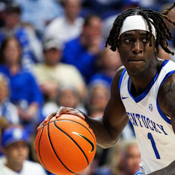 Oct 24, 2025; Lexington, KY, USA; Kentucky Wildcats guard Denzel Aberdeen (1) drives to the basket during the second half against the Purdue Boilermakers at Rupp Arena at Central Bank Center. Mandatory Credit: Jordan Prather-Imagn Images