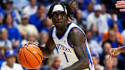 Oct 24, 2025; Lexington, KY, USA; Kentucky Wildcats guard Denzel Aberdeen (1) drives to the basket during the second half against the Purdue Boilermakers at Rupp Arena at Central Bank Center. Mandatory Credit: Jordan Prather-Imagn Images