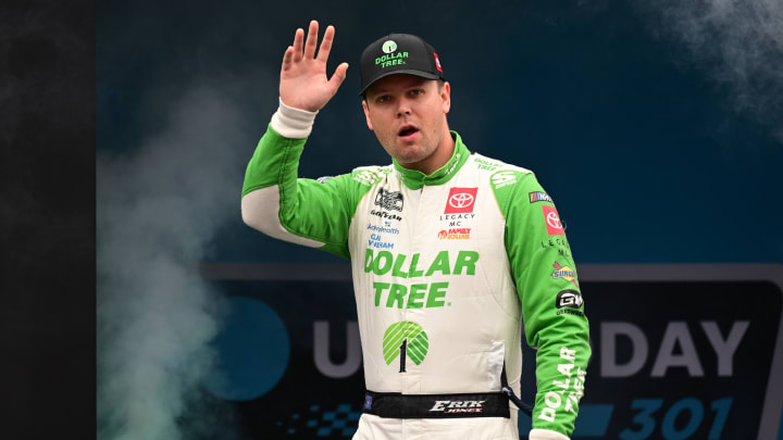 Jun 23, 2024; Loudon, New Hampshire, USA; NASCAR Cup Series driver Erik Jones (43) is introduced before the start of the USA TODAY 301 at New Hampshire Motor Speedway. Mandatory Credit: Eric Canha-USA TODAY Sports
