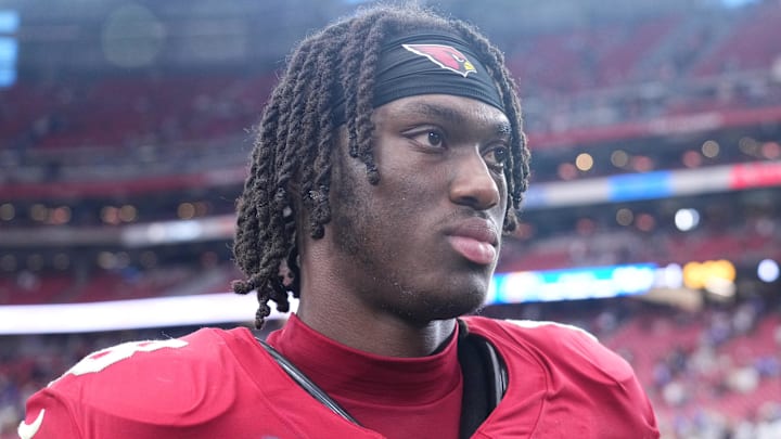 Sep 15, 2024; Glendale, Arizona, USA; Arizona Cardinals wide receiver Marvin Harrison Jr. (18) leaves the field after the game against the Los Angeles Rams at State Farm Stadium. Mandatory Credit: Joe Camporeale-Imagn Images