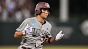Jun 9, 2024; College Station, TX, USA; Texas A&M infielder Kaeden Kent (3) hits a grand slam in the top of the seventh inning against Oregon at Olsen Field, Blue Bell Park.
