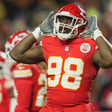 Jan 18, 2025; Kansas City, Missouri, USA; Kansas City Chiefs defensive tackle Tershawn Wharton (98) reacts during the fourth quarter of a 2025 AFC divisional round game against the Houston Texans at GEHA Field at Arrowhead Stadium. Mandatory Credit: Jay Biggerstaff-Imagn Images