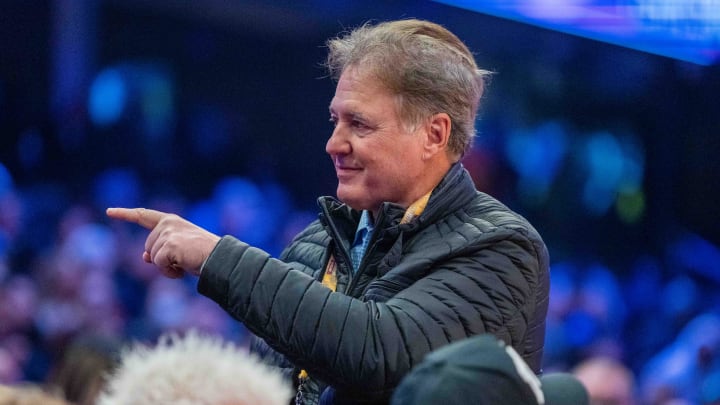 February 19, 2022; Cleveland, OH, USA; Boston Celtics owner Steve Pagliuca during the Skills Challenge during the 2022 NBA All-Star Saturday Night at Rocket Mortgage Field House. Mandatory Credit: Kyle Terada-USA TODAY Sports