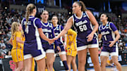 Kansas State Wildcats guard Serena Sundell and Ayoka Lee 