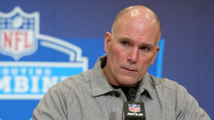Feb 24, 2026; Indianapolis, IN, USA; Baltimore Ravens general manager Eric DeCosta speaks at the NFL Scouting Combine at the Indiana Convention Center. Mandatory Credit: Kirby Lee-Imagn Images