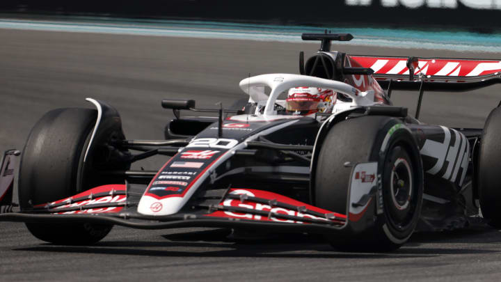 May 5, 2024; Miami Gardens, Florida, USA; Hass drive Kevin Magnussen (20) during the Miami Grand Prix at Miami International Autodrome. Mandatory Credit: Peter Casey-USA TODAY Sports