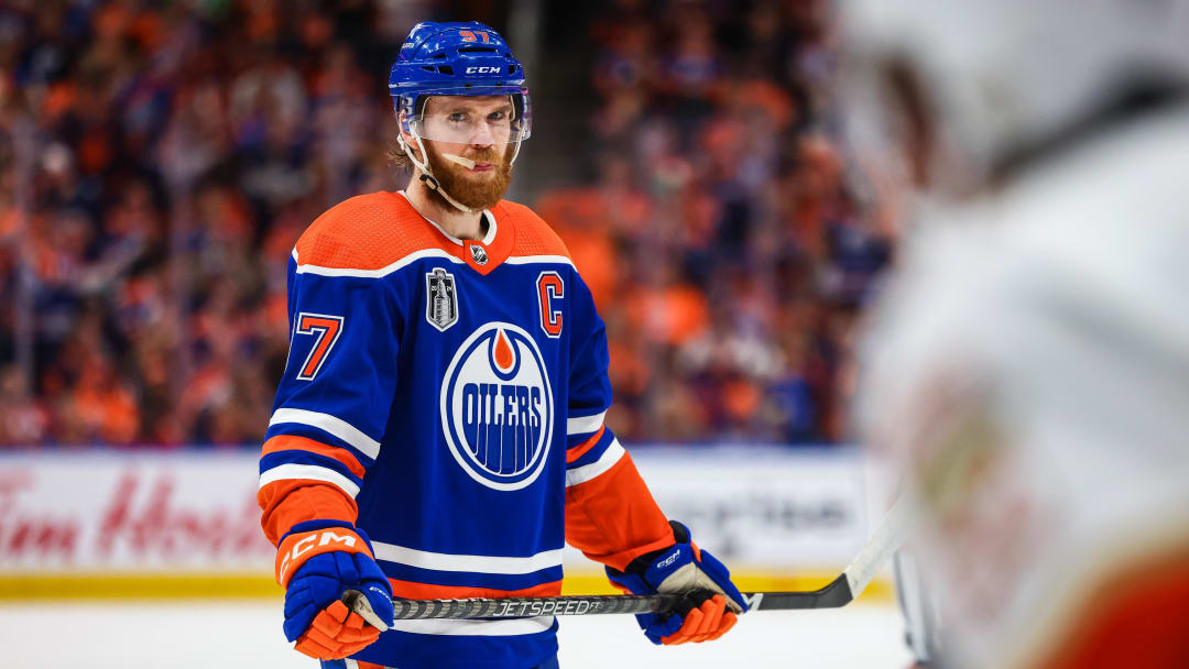Edmonton Oilers center Connor McDavid (97) against the Florida Panthers during the second period in game six of the 2024 Stanley Cup Final at Rogers Place.