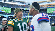 Green Bay Packers quarterback Jordan Love (10) and New York Giants quarterback Jameis Winston (19) shake hands after a game at MetLife Stadium, Nov 16, 2025, East Rutherford, NJ, USA.