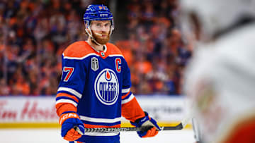 Edmonton Oilers center Connor McDavid (97) against the Florida Panthers during the second period in game six of the 2024 Stanley Cup Final at Rogers Place.