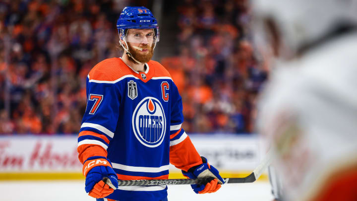 Jun 21, 2024; Edmonton, Alberta, CAN; Edmonton Oilers center Connor McDavid (97) against the Florida Panthers during the second period in game six of the 2024 Stanley Cup Final at Rogers Place. Mandatory Credit: Sergei Belski-USA TODAY Sports