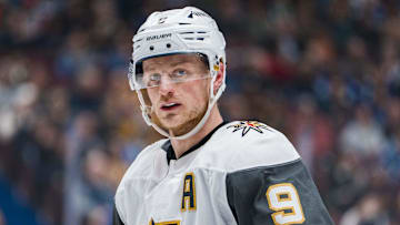 Apr 6, 2025; Vancouver, British Columbia, CAN; Vegas Golden Knights forward Jack Eichel (9) during a stop in play against the Vegas Golden Knights in the third period at Rogers Arena. Mandatory Credit: Bob Frid-Imagn Images