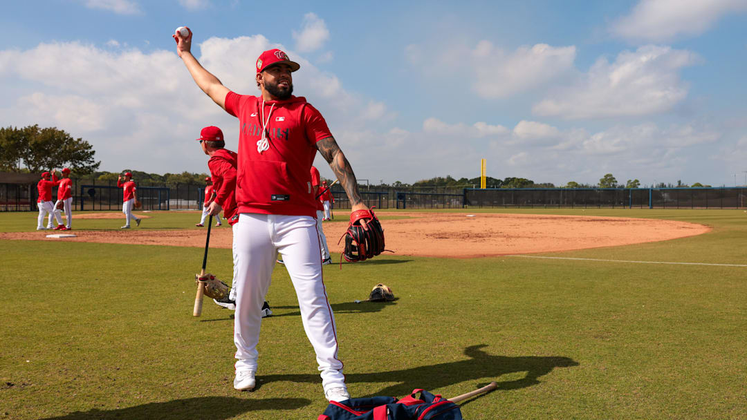 Feb 16, 2026; West Palm Beach, FL, USA; Washington Nationals second baseman Luis Garcia Jr. (2) plays catch during spring training at CACTI Park of The Palm Beaches. Mandatory Credit: Sam Navarro-Imagn Images