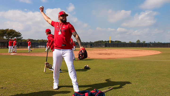 Feb 16, 2026; West Palm Beach, FL, USA; Washington Nationals second baseman Luis Garcia Jr. (2) plays catch during spring training at CACTI Park of The Palm Beaches. Mandatory Credit: Sam Navarro-Imagn Images