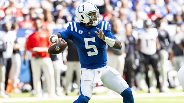 Sep 8, 2024; Indianapolis, Indiana, USA; Indianapolis Colts quarterback Anthony Richardson (5) throws a pass during the second half against the Houston Texans at Lucas Oil Stadium. Mandatory Credit: Marc Lebryk-Imagn Images