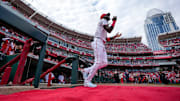 Cincinnati Reds shortstop Elly De La Cruz is introduced before the first inning of the MLB Opening Day game between the Cincinnati Reds and the San Francisco Giants.