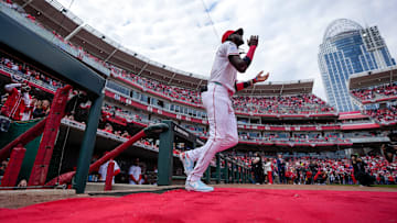 Cincinnati Reds shortstop Elly De La Cruz is introduced before the first inning of the MLB Opening Day game between the Cincinnati Reds and the San Francisco Giants.