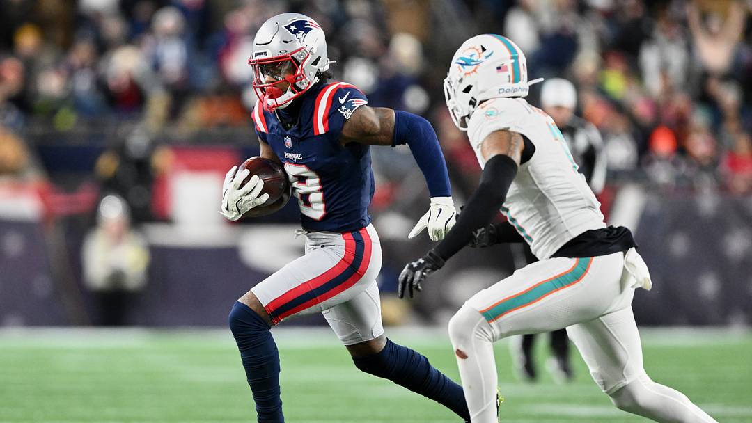 New England Patriots wide receiver Stefon Diggs runs after the catch against against the Miami Dolphins during the third quarter at Gillette Stadium in the 2025 season finale. New England Patriots wide receiver Stefon Diggs runs after the catch against against the Miami Dolphins during the third quarter at Gillette Stadium in the 2025 season finale.