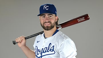 Feb 19, 2025; Surprise, AZ, USA; Kansas City Royals catcher Blake Mitchell (76) poses for a photo during media day. Mandatory Credit: Jayne Kamin-Oncea-Imagn Images  