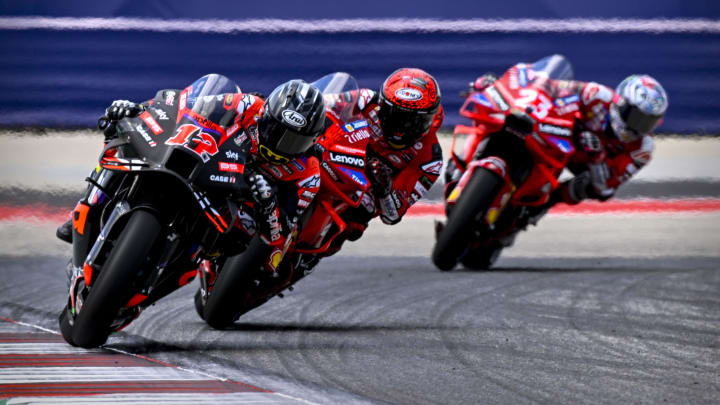 Apr 14, 2024; Austin, TX, USA; Maverick Vinales (12) of Spain and Aprilia Racing and Francesco Bagnaia (1) of Italy and Ducati Lenovo Team rides during the MotoGP Grand Prix of The Americas at Circuit of The Americas. Mandatory Credit: Jerome Miron-USA TODAY Sports