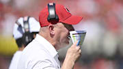 Aug 30, 2025; Louisville, Kentucky, USA; Louisville Cardinals head coach Jeff Brohm calls instructions during the first half against the Eastern Kentucky Colonels at L&N Federal Credit Union Stadium. Mandatory Credit: Jamie Rhodes-Imagn Images