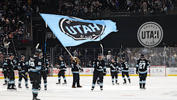Mar 12, 2025; Salt Lake City, Utah, USA; The Utah Hockey Club celebrates a win over the Anaheim Ducks at Delta Center. Mandatory Credit: Rob Gray-Imagn Images